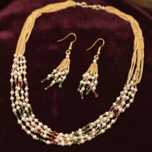 Gold Plated Multi-Layer Pearl Beaded Necklace & Earrings Set  (Art No.224)