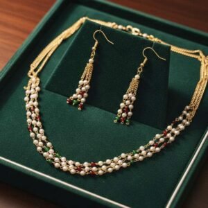 Gold Plated Multi Layer Pearl Beaded Necklace With Matching Earrings (Art No.222)