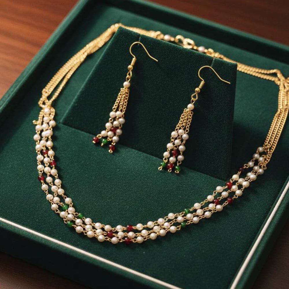 Gold Plated Multi Layer Pearl Beaded Necklace With Matching Earrings (Art No.222)