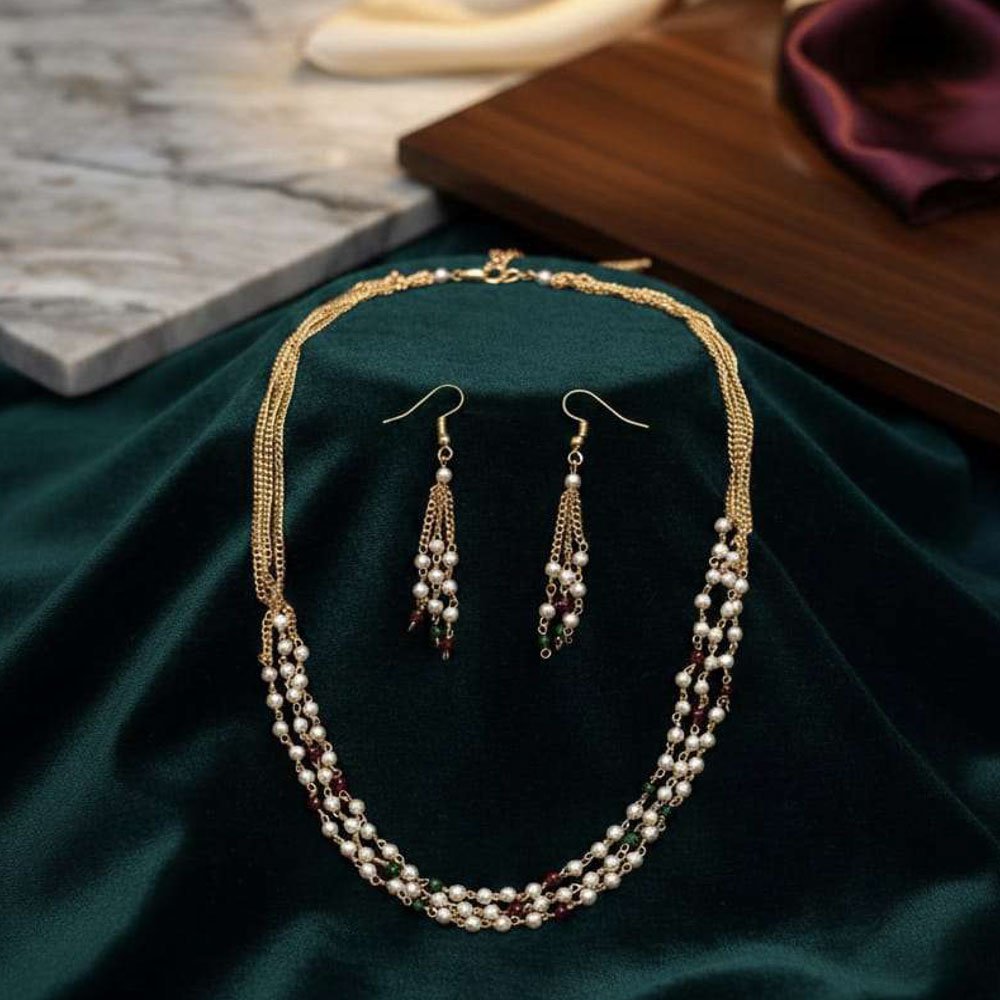 Gold Plated Multi Layer Pearl Beaded Necklace With Matching Earrings (Art No.222) - Image 3