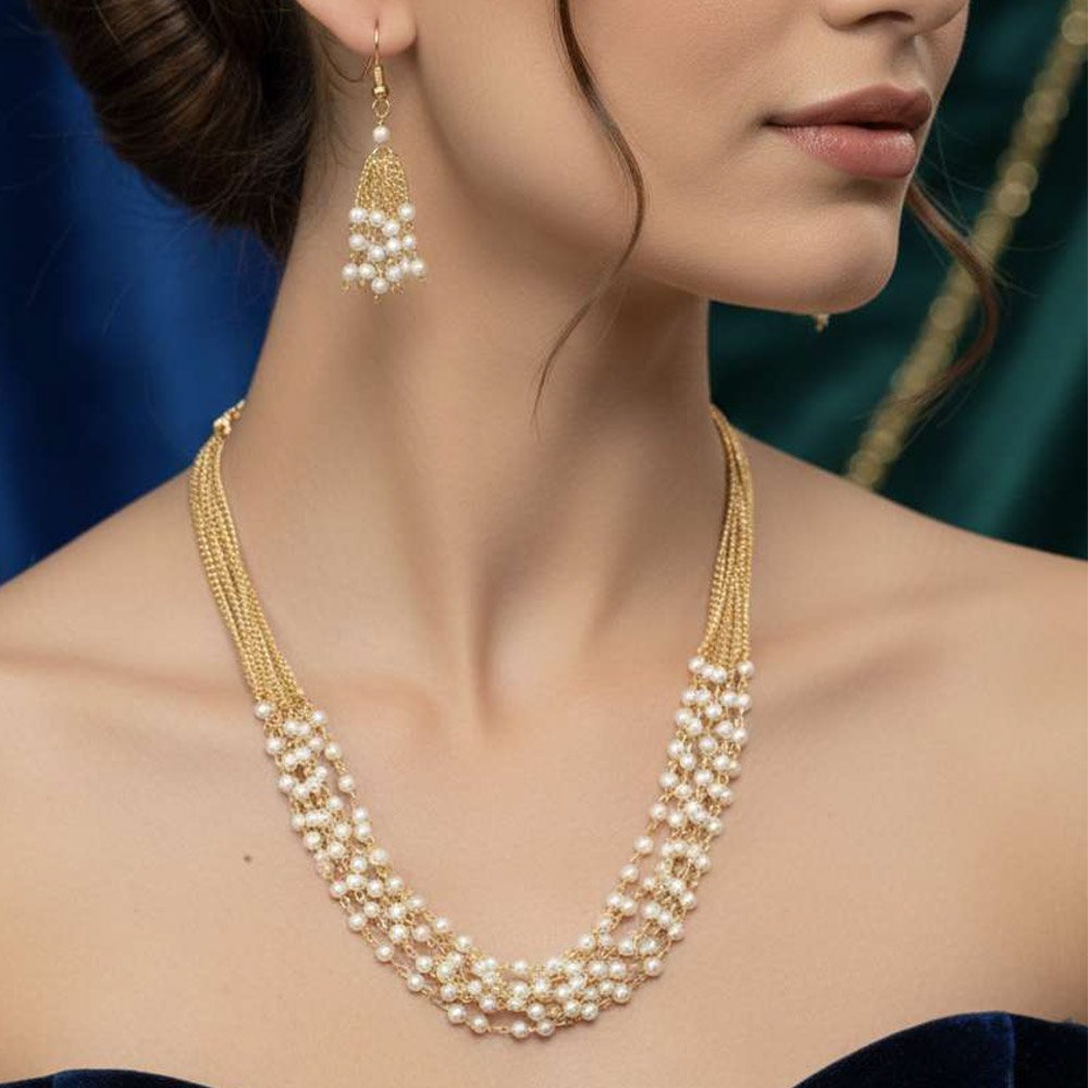 Gold Plated Multi Layer Pearl Necklace Set With Drop Earrings (Art No.223)