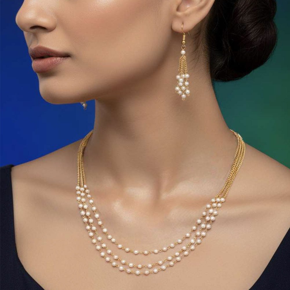 Gold Plated Multi Layer Pearl Necklace Set With Earrings (Art No. 221)