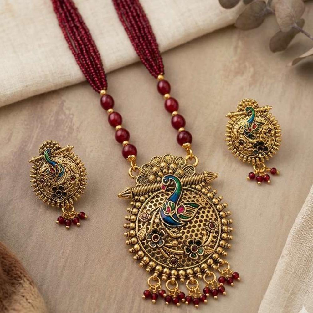 Gold Plated Peacock Pendant Maroon Beaded Necklace Set (Art No.228) - Image 3