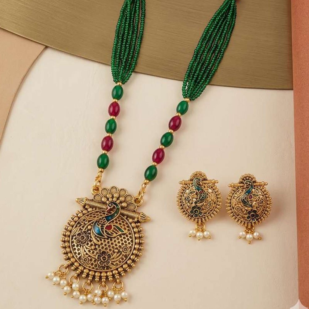 Gold Plated Peacock Pendant Green Beaded Necklace Set (Art No.227) - Image 3
