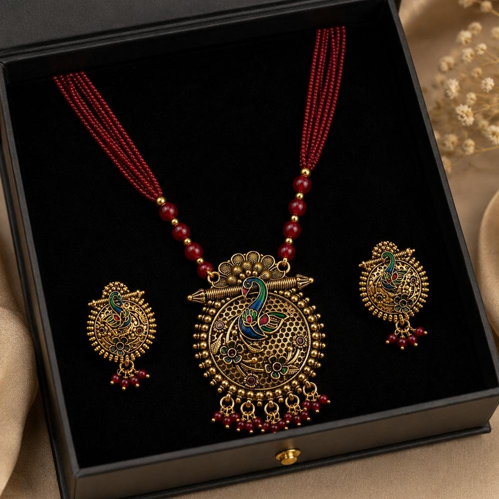 Gold Plated Peacock Pendant Maroon Beaded Necklace Set (Art No.228) - Image 5