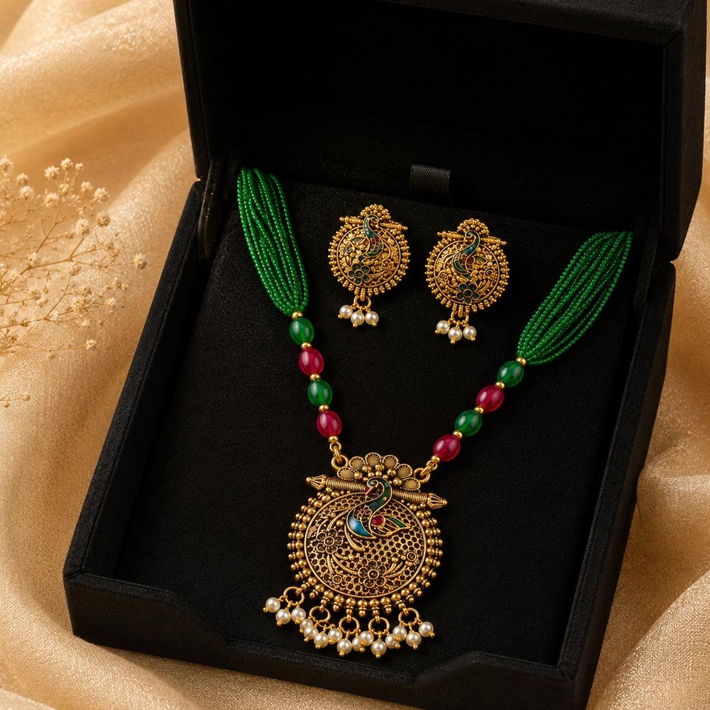 Gold Plated Peacock Pendant Green Beaded Necklace Set (Art No.227) - Image 4