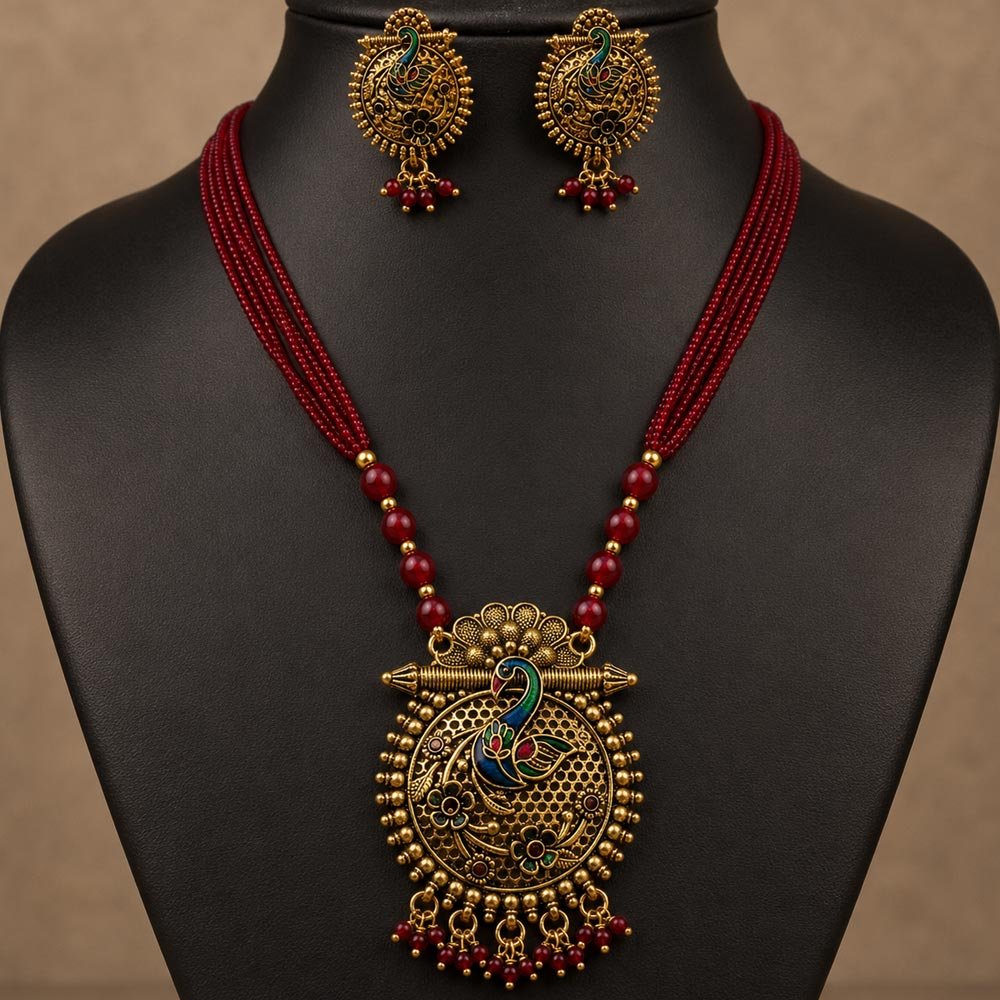 Gold Plated Peacock Pendant Maroon Beaded Necklace Set (Art No.228) - Image 4