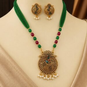 Gold Plated Peacock Pendant Green Beaded Necklace Set (Art No.227)