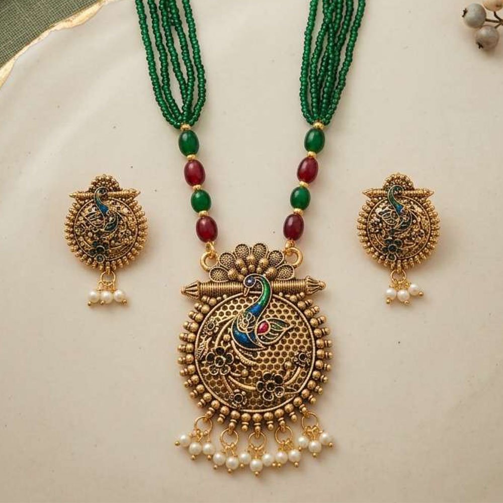 Gold Plated Peacock Pendant Green Beaded Necklace Set (Art No.227) - Image 5