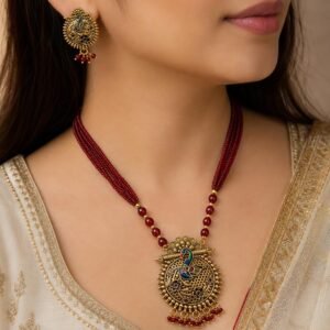 Gold Plated Peacock Pendant Maroon Beaded Necklace Set (Art No.228)