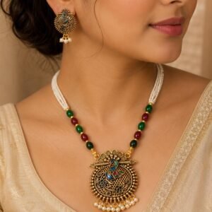 Gold Plated Peacock Pendant Multicolor Beaded Necklace Set (Art No.229)