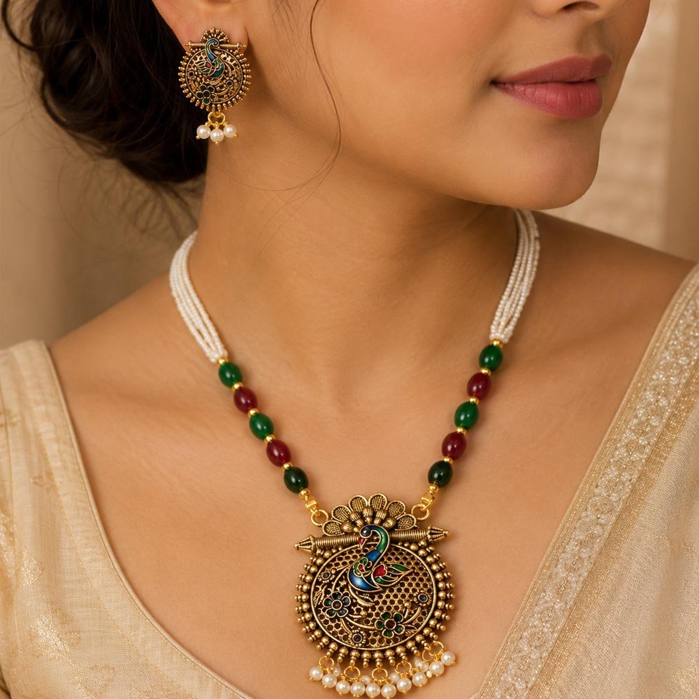 Gold Plated Peacock Pendant Multicolor Beaded Necklace Set (Art No.229)