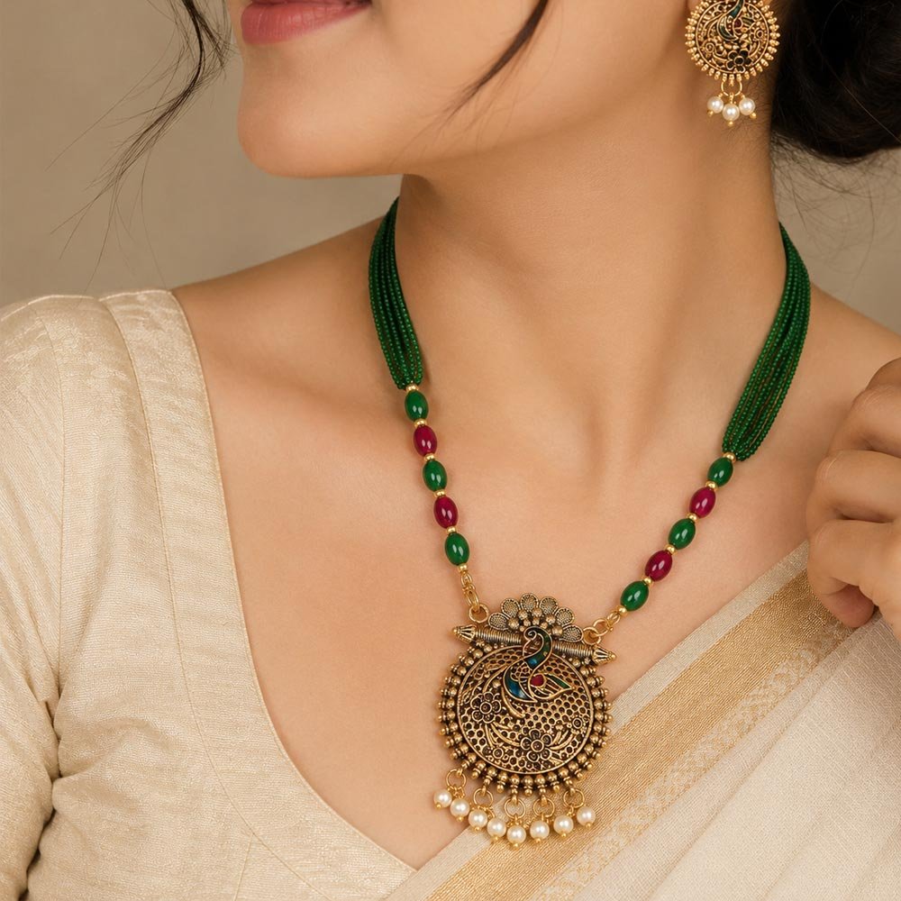 Gold Plated Peacock Pendant Green Beaded Necklace Set (Art No.227) - Image 2