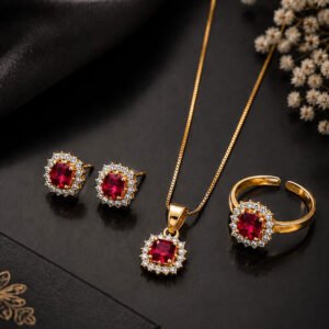 Gold Plated Pink Pendant Earring Ring Set for Women & Girls (Art No.307)