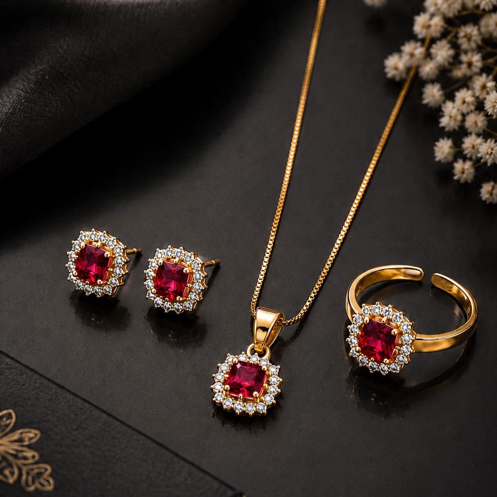 Gold Plated Pink Pendant Earring Ring Set for Women & Girls (Art No.307)