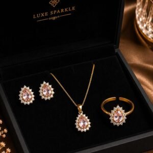 Gold Plated Pink Teardrop Stone Pendant, Earrings & Ring Set (Art No.351)