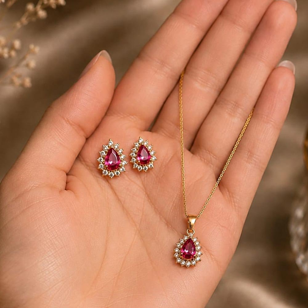 Pink Stone Pendant Earrings and Ring Set (Art No.352) - Image 2