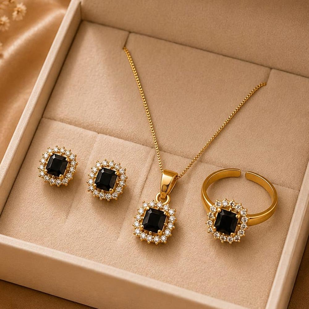 Gold Plated Black Stone Pendant Earrings & Ring Set (Art No. 350)