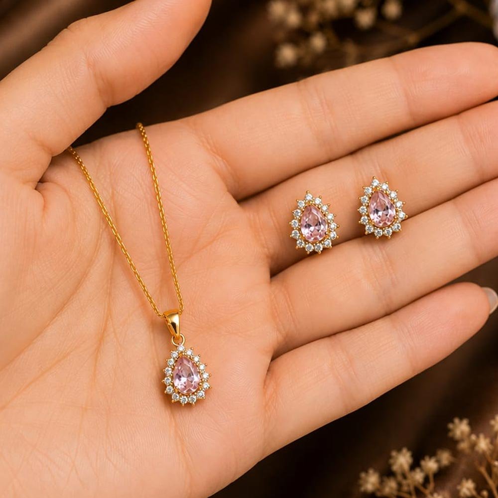 Gold Plated Pink Teardrop Stone Pendant, Earrings & Ring Set (Art No.351) - Image 3