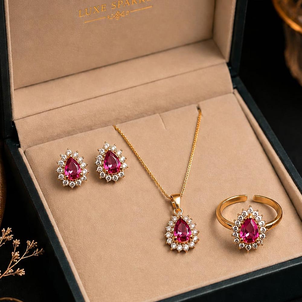 Pink Stone Pendant Earrings and Ring Set  (Art No.352)