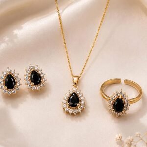 Gold Plated Black Teardrop Stone Pendant Jewellery Set with Ring (Art No. 349)