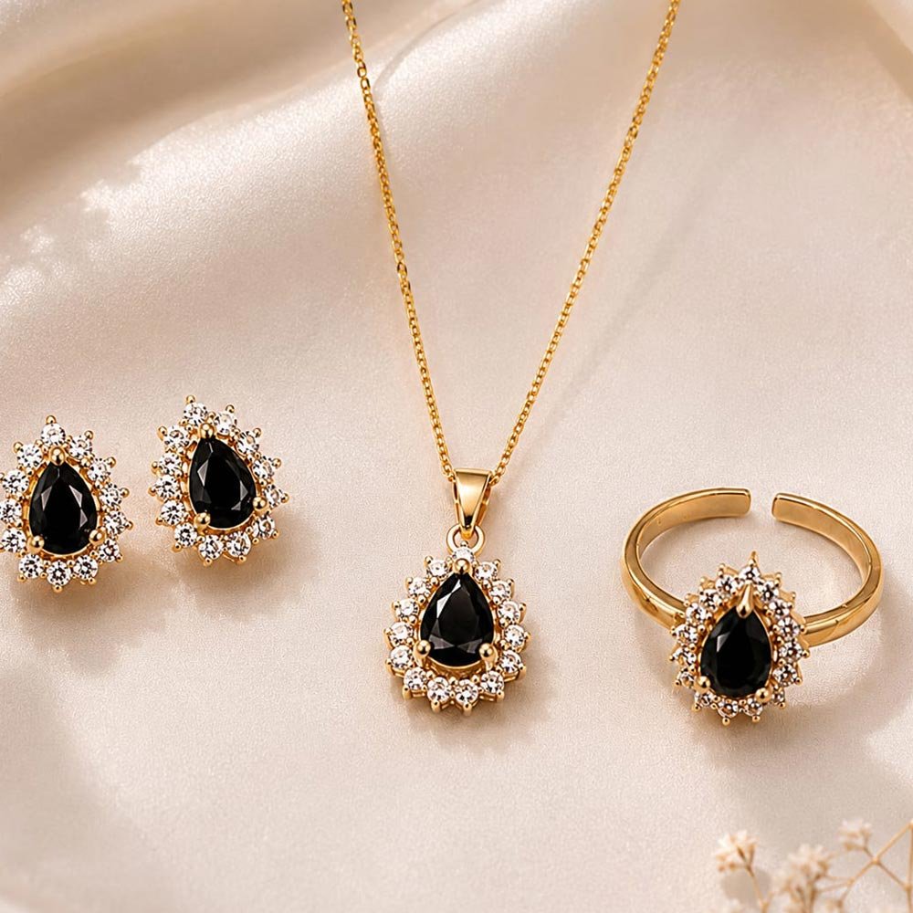 Gold Plated Black Teardrop Stone Pendant Jewellery Set with Ring (Art No. 349)