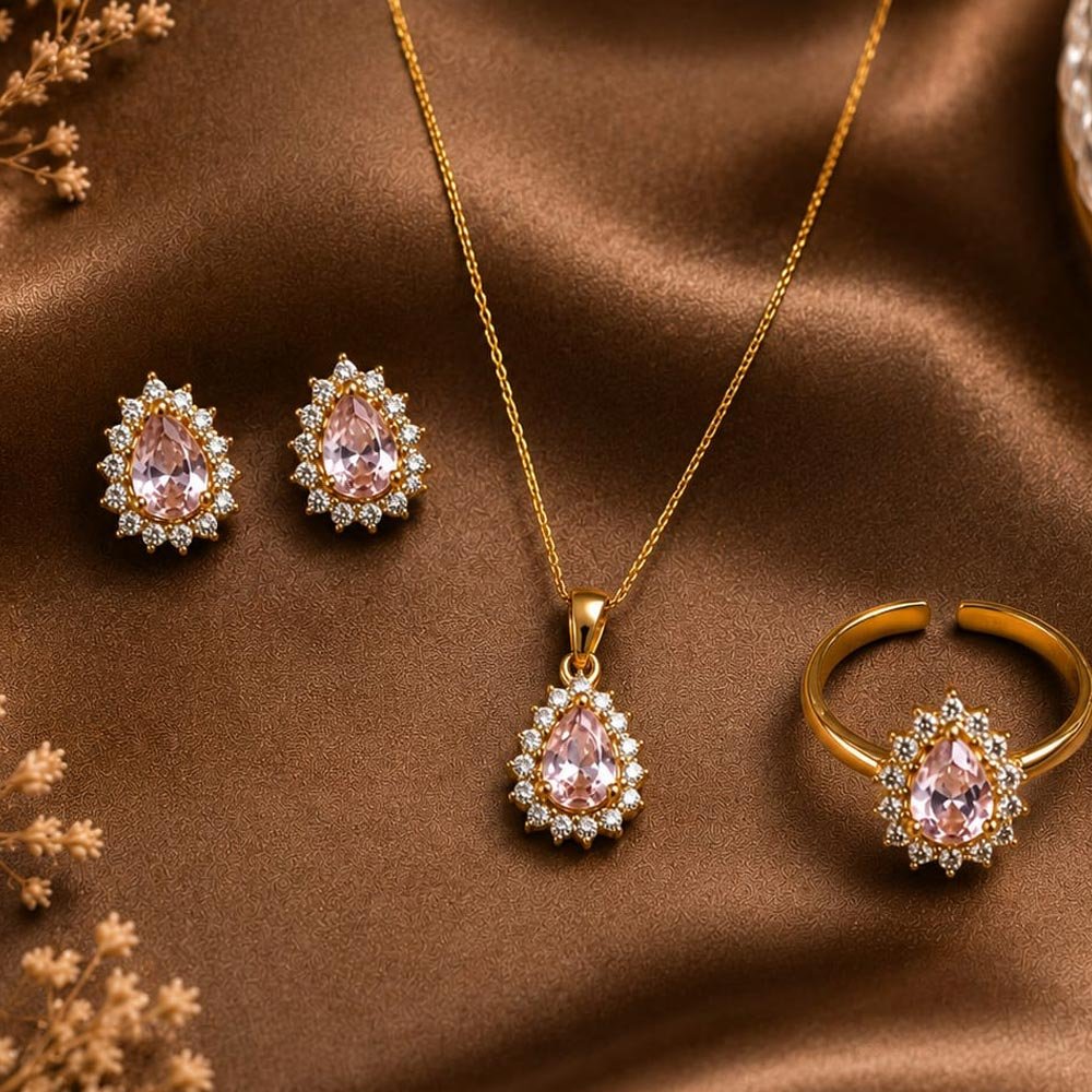 Gold Plated Pink Teardrop Stone Pendant, Earrings & Ring Set (Art No.351) - Image 2