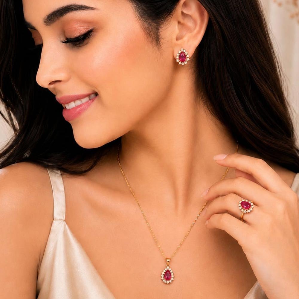 Pink Stone Pendant Earrings and Ring Set (Art No.352) - Image 3