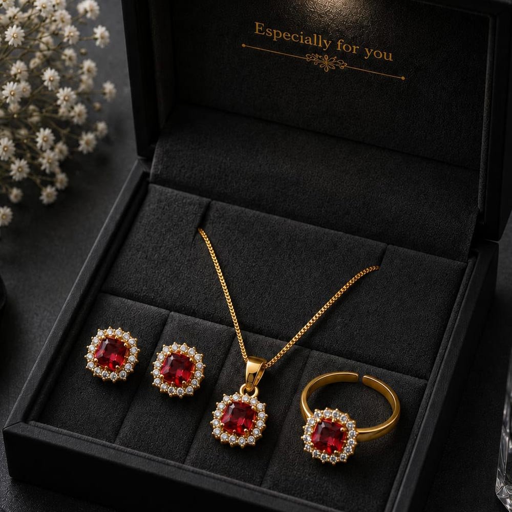Gold Plated Pink Pendant Earring Ring Set for Women & Girls (Art No.307) - Image 3