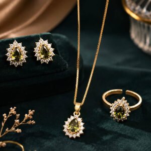 Traditional Gold Tone Green Stone Pendant Set With Earrings & Ring (Art No.280)