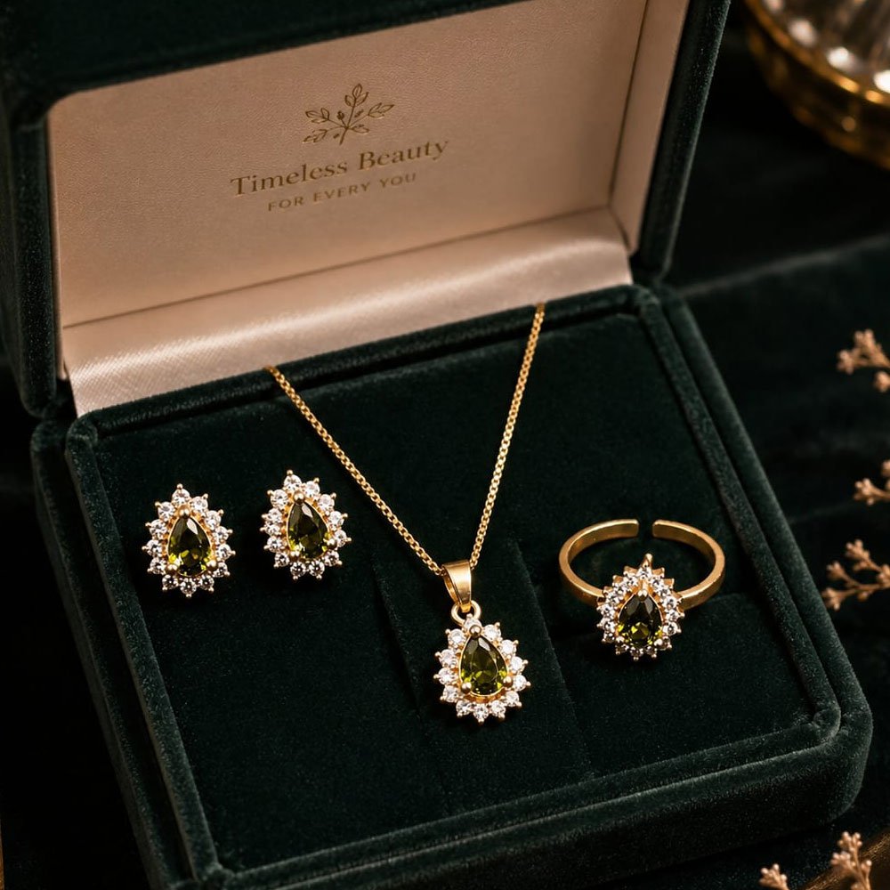 Traditional Gold Tone Green Stone Pendant Set With Earrings & Ring (Art No.280) - Image 3