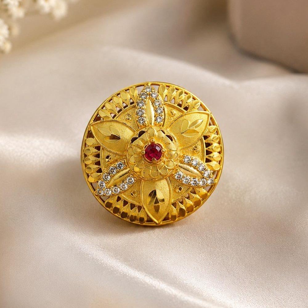Gold Plated Floral Statement Ring with Red Stone (Art No.303)