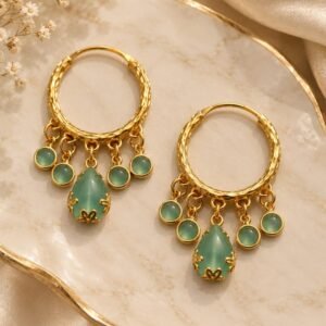 Gold Plated Firozi Stone Hanging Hoop Earrings (Art No.362)