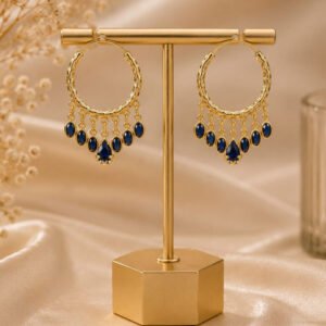 Gold Plated Blue Stone Hanging Hoop Earrings (Art No.365)