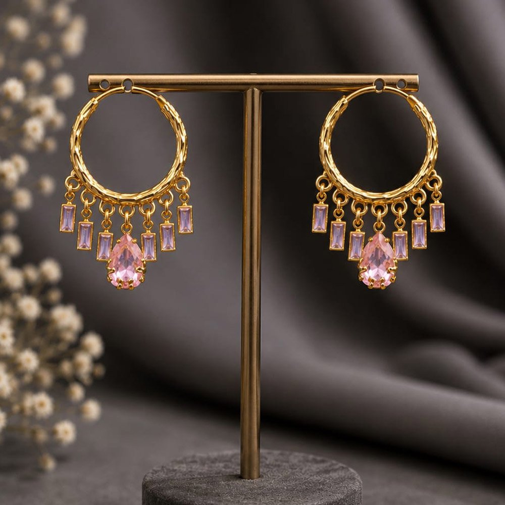 Gold Plated Traditional Pink Stone Hoop Earrings (Art No.283) - Image 2