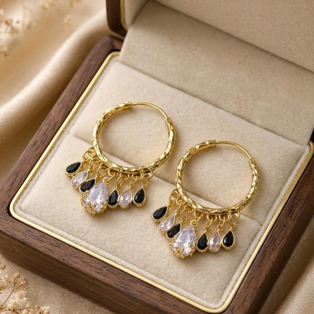 Gold Plated Black Stone Hoop Earrings for Women & Girls (Art No.308) - Image 3