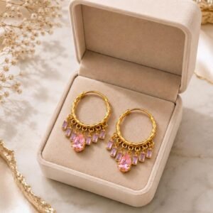Gold Plated Pink Stone Hanging Hoop Earrings (Art No.361)
