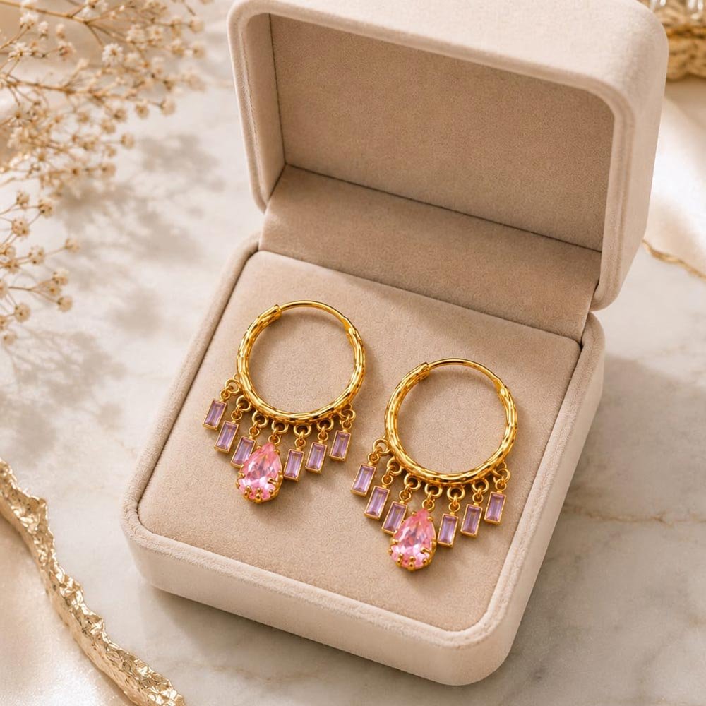 Gold Plated Pink Stone Hanging Hoop Earrings (Art No.361)