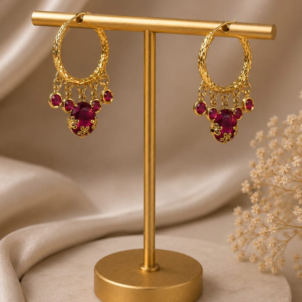 Traditional Gold Plated Red Stone Hoop Earrings (Art No.282)