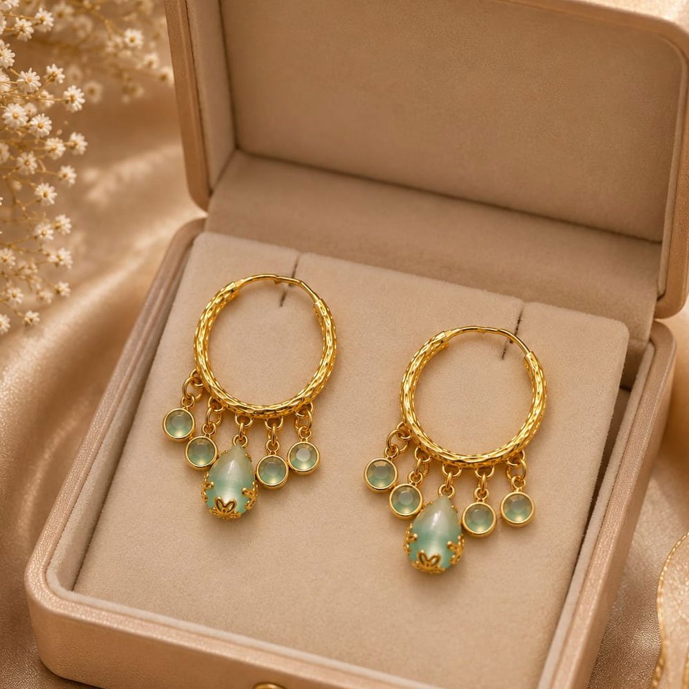 Gold Plated Firozi Stone Hanging Hoop Earrings (Art No.362) - Image 3