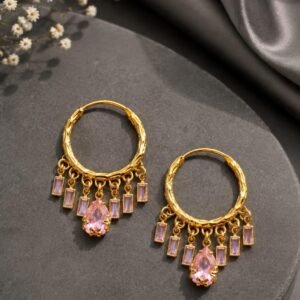 Gold Plated Traditional Pink Stone Hoop Earrings (Art No.283)
