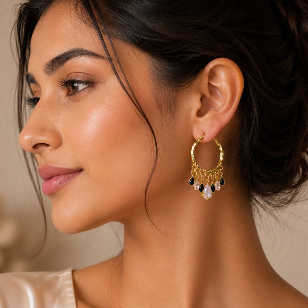 Gold Plated Black Stone Hoop Earrings for Women & Girls (Art No.308) - Image 2