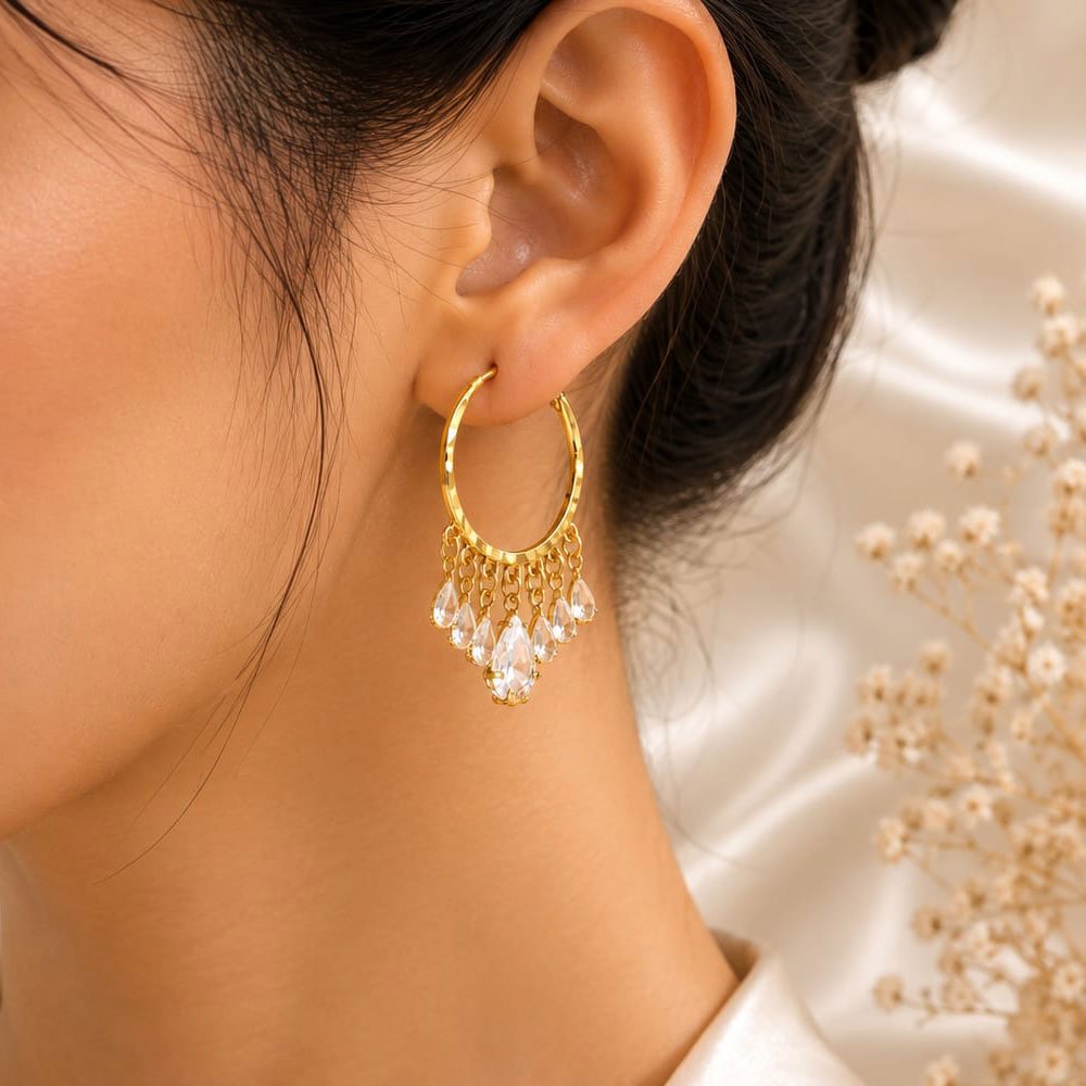 Gold Plated White Stone Hoop Earrings for Women and Girls (Art No.309) - Image 2