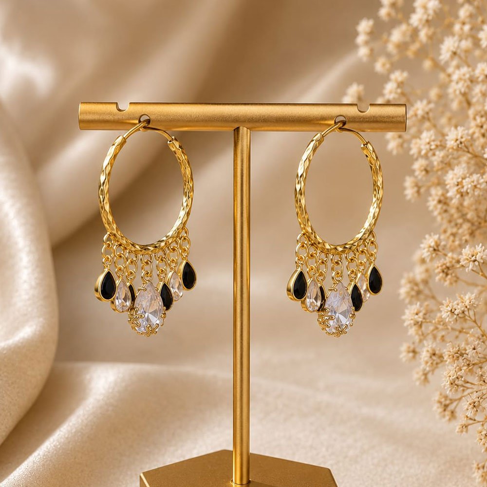 Gold Plated Black Stone Hoop Earrings for Women & Girls (Art No.308)