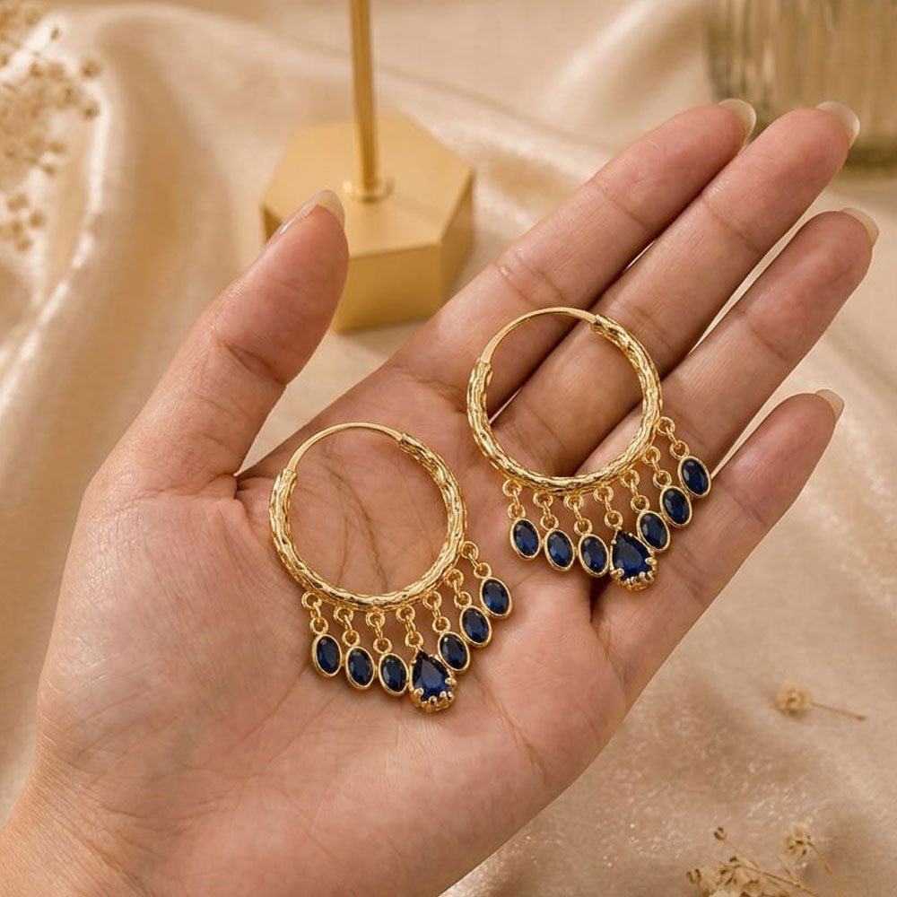 Gold Plated Blue Stone Hanging Hoop Earrings (Art No.365) - Image 3