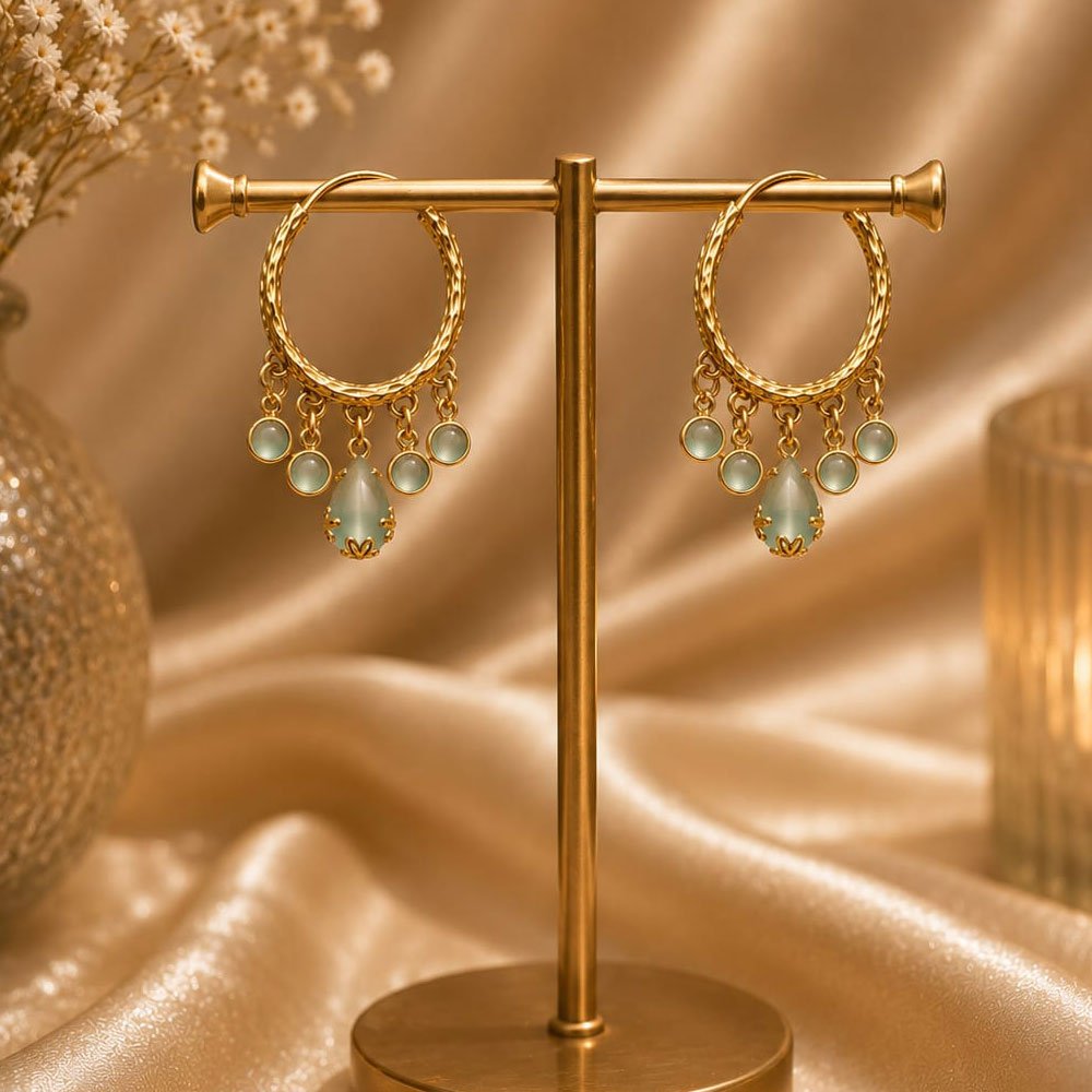 Gold Plated Firozi Stone Hanging Hoop Earrings (Art No.362) - Image 4