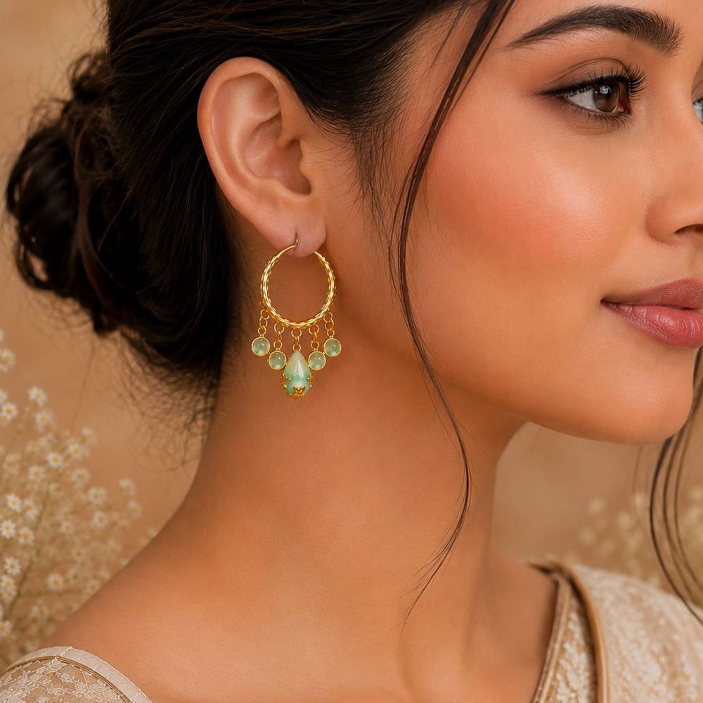 Gold Plated Firozi Stone Hanging Hoop Earrings (Art No.362) - Image 2