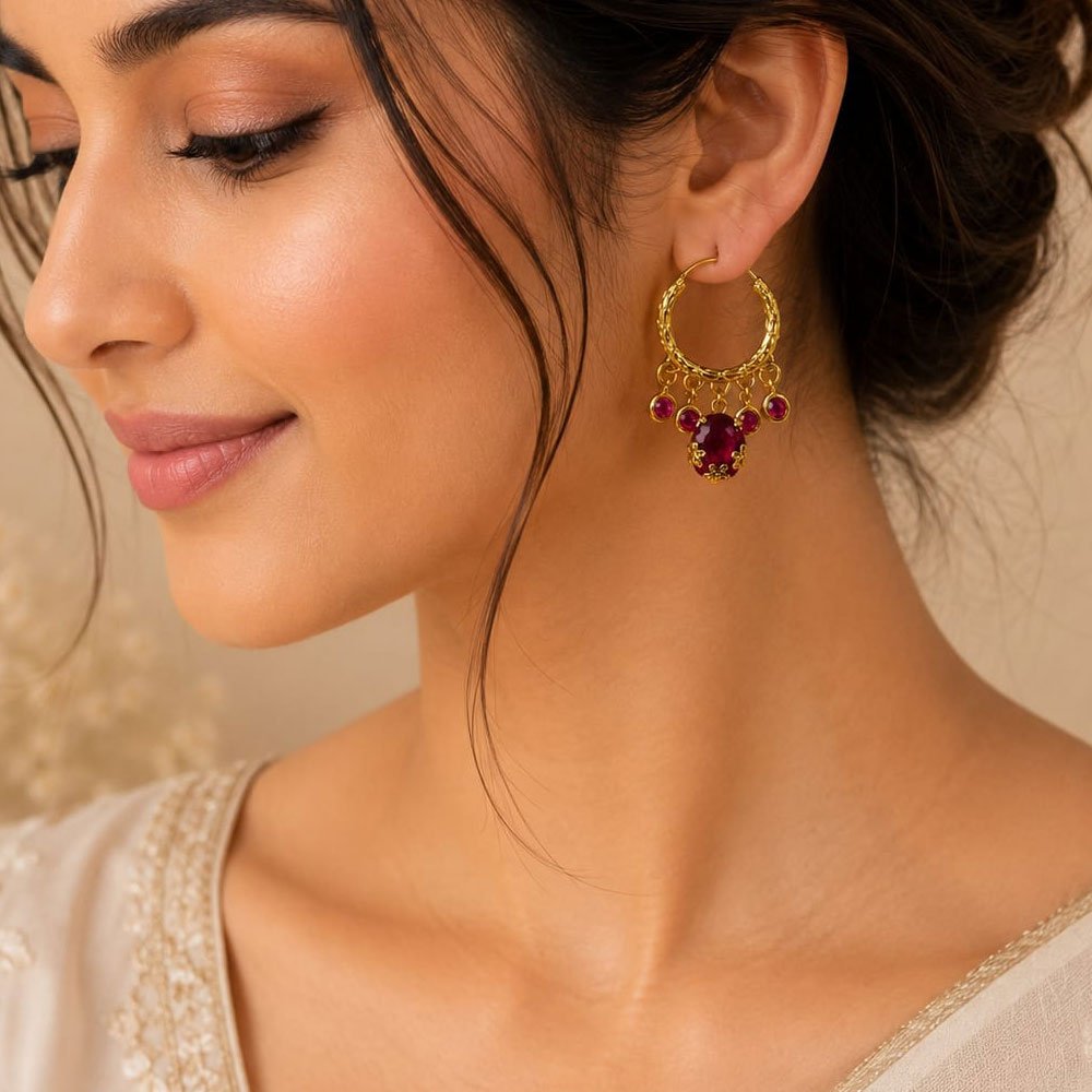 Traditional Gold Plated Red Stone Hoop Earrings (Art No.282) - Image 2
