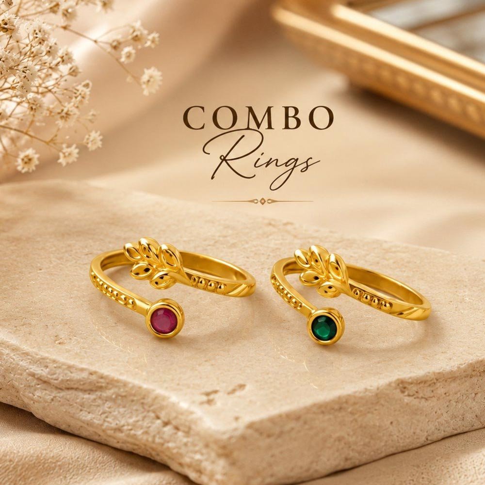 Gold Plated Pink and Green Stone Leaf Ring Combo (Art No.313)