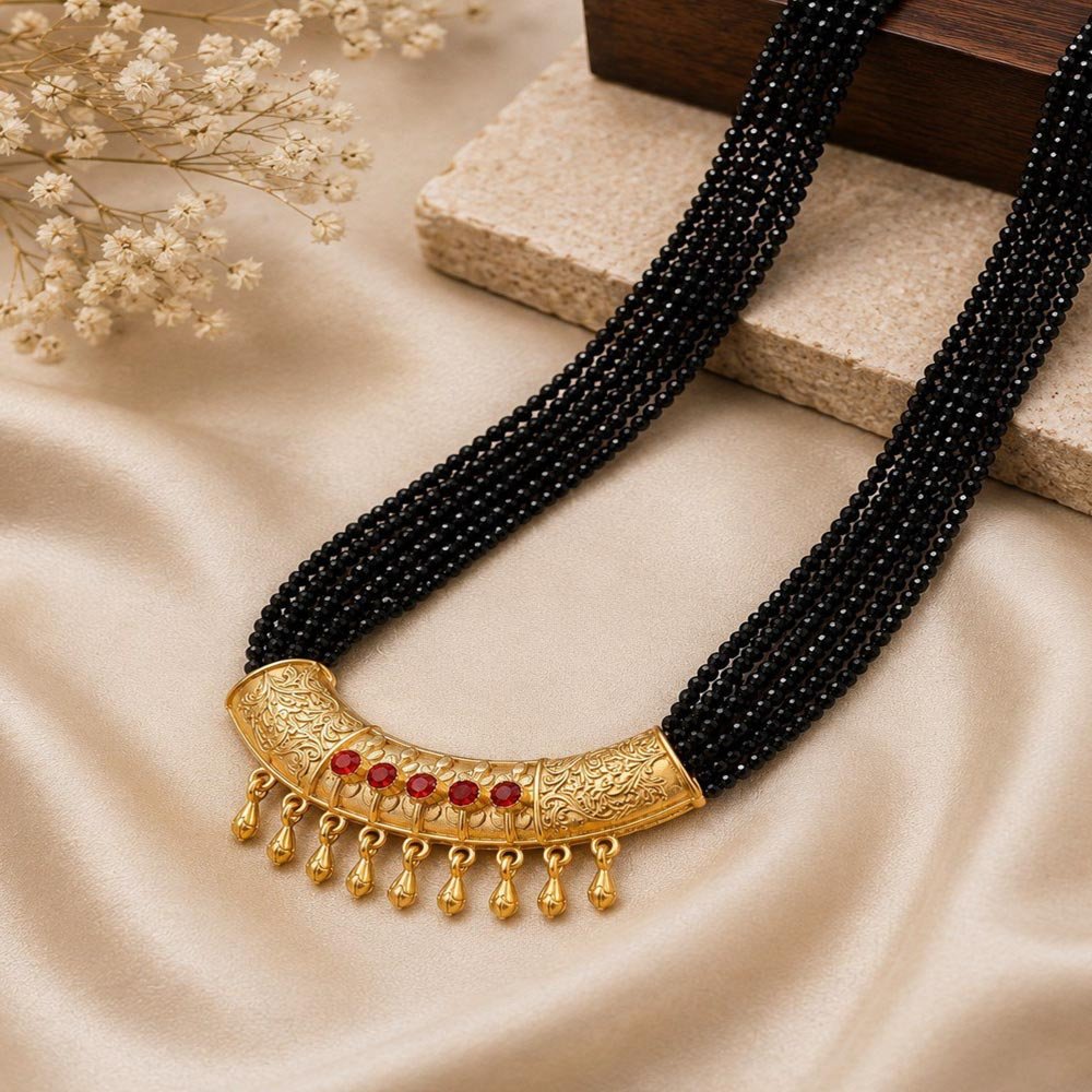 Traditional Gold Plated Black Beaded Necklace (Art No.276) - Image 3